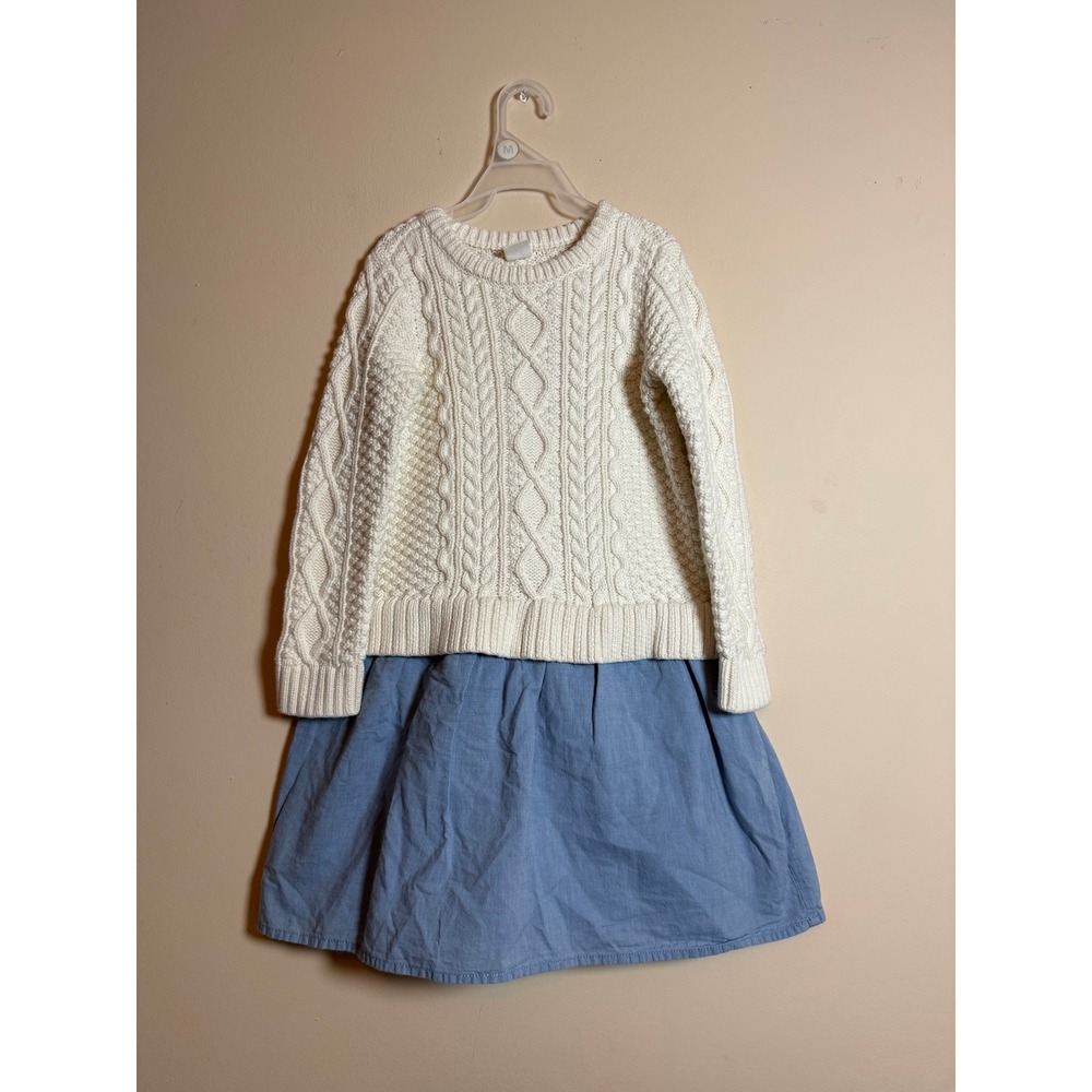 Baby GAP Toddler 5T Sweater Dress Cream Cable Knit Blue Skirt Long Sleeve Girls